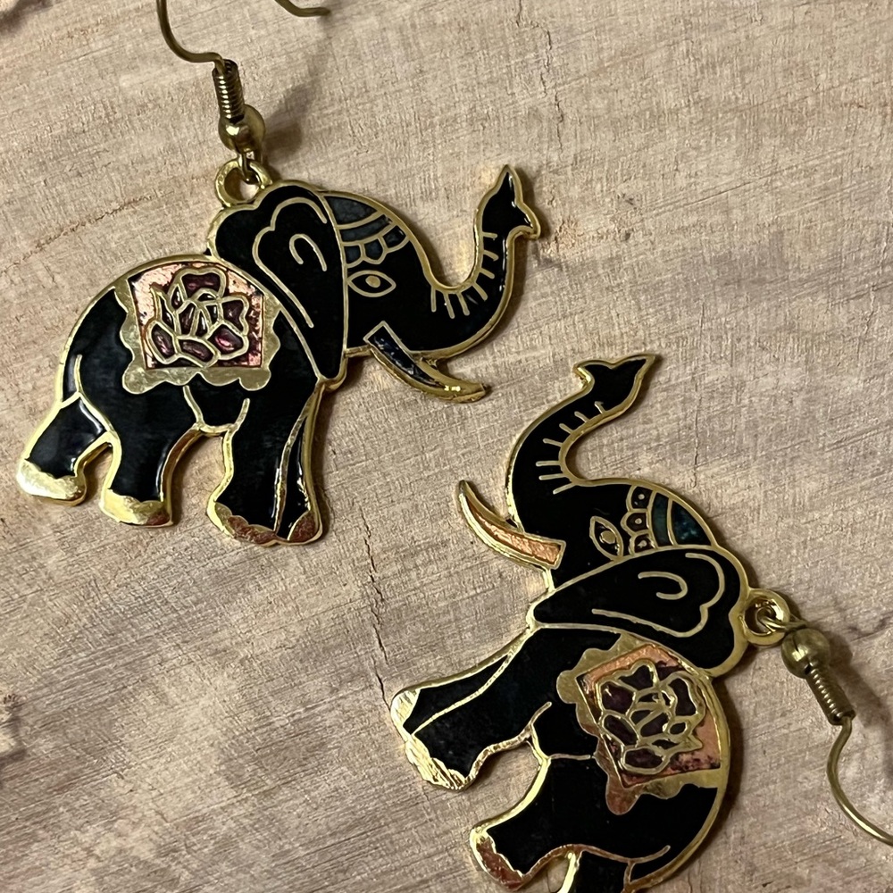 Gold Elephant Dangle Enamel Earrings